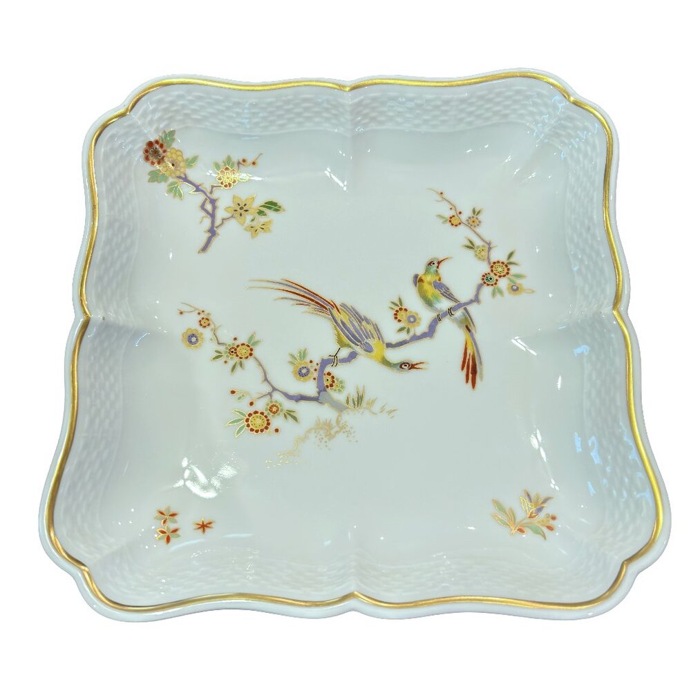 Richard Ginori Square Porcelain Bowl Birds Floral Gold Trim Scalloped